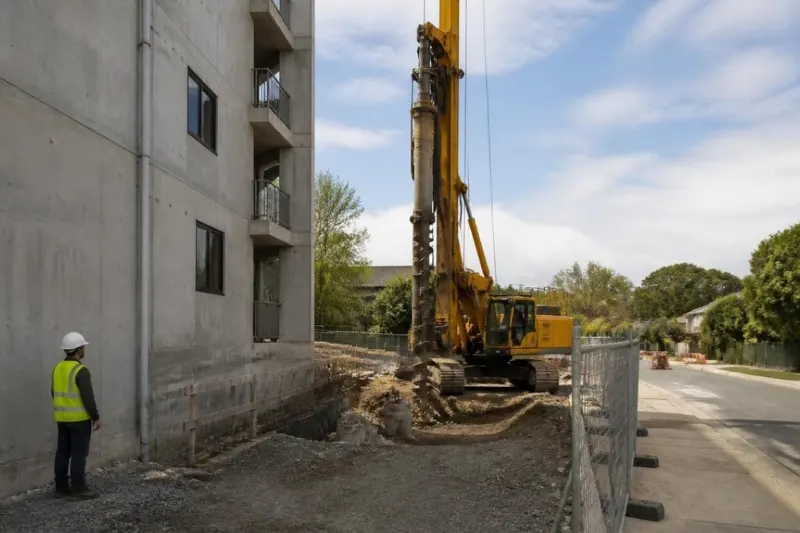 ภาพประกอบ (AI): งานตอกเสาเข็มข้างอาคารเดิม / Illustrative (AI): piling works next to an existing building