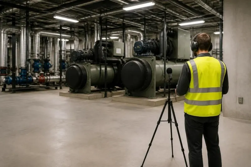 ภาพประกอบ (AI): การตรวจวัดเสียงในห้องเครื่องระบบปรับอากาศ / Illustrative (AI): noise measurement in an HVAC plant room