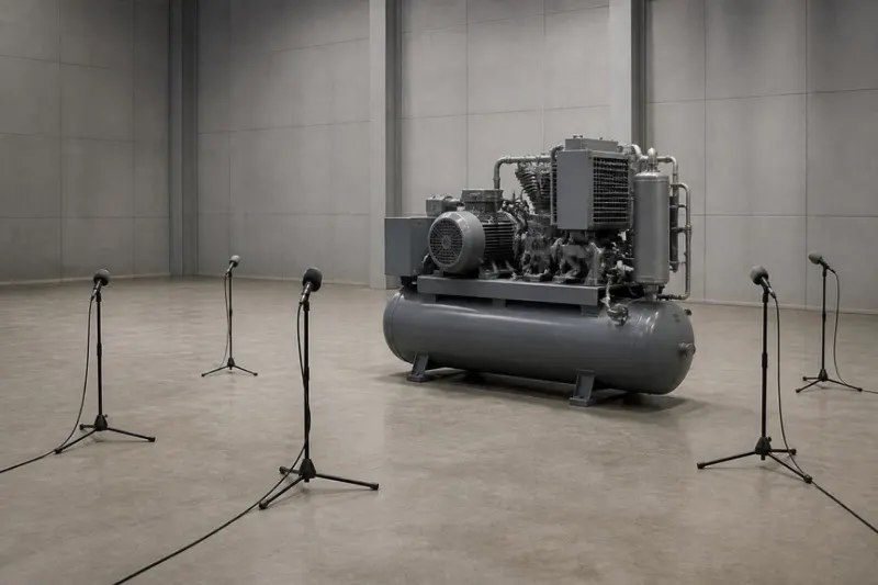 ภาพประกอบ (AI): ไมโครโฟนรอบเครื่องจักรสำหรับวัดกำลังเสียง / Illustrative (AI): microphones around a machine for a sound power test
