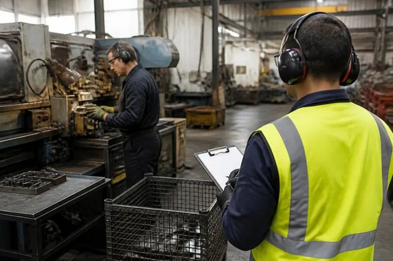 ภาพประกอบ (AI): การประเมินเสียงในพื้นที่ผลิตของโรงงาน / Illustrative (AI): noise exposure assessment on a factory floor