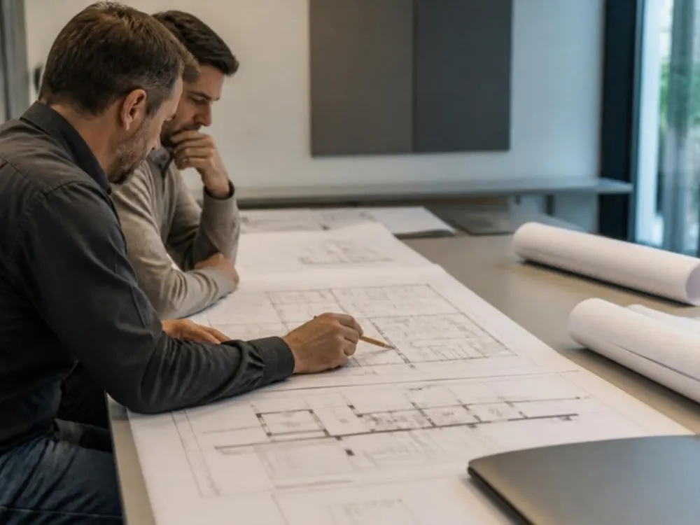 ภาพประกอบ (AI): วิศวกรทบทวนแบบสถาปัตยกรรมร่วมกัน / Illustrative (AI): engineers reviewing architectural drawings together
