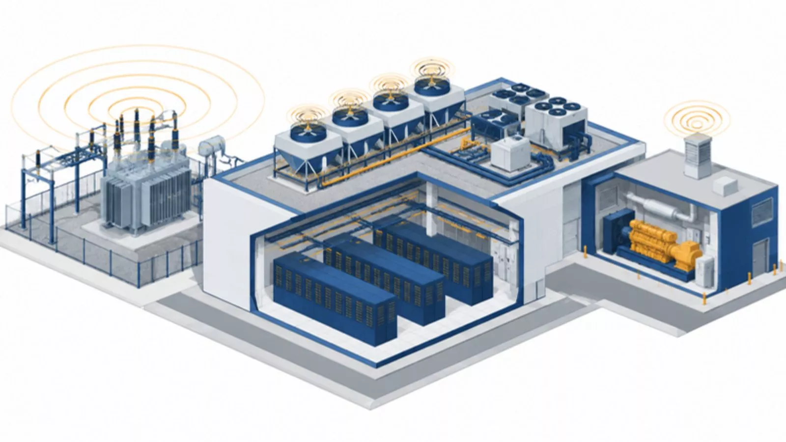 ภาพตัดศูนย์ข้อมูลแสดงหม้อแปลง พัดลมระบายความร้อน และเครื่องกำเนิดไฟฟ้า