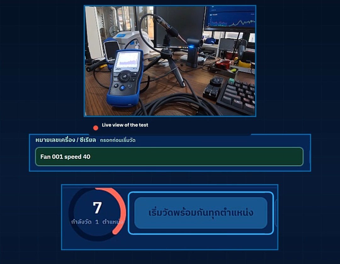 หน้าจอกรอกหมายเลขเครื่อง Fan 001 speed 40 พร้อมตัวนับถอยหลังและปุ่มเริ่มวัด