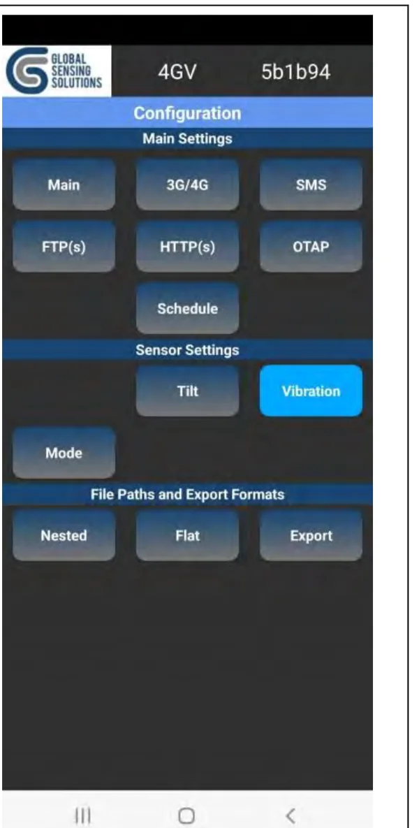 หน้า Configuration ในแอป GSSLink: ปุ่ม Main, 3G/4G, SMS, FTP(s), HTTP(s), OTAP, Schedule, Tilt, Vibration, Mode, Nested, Flat, Export