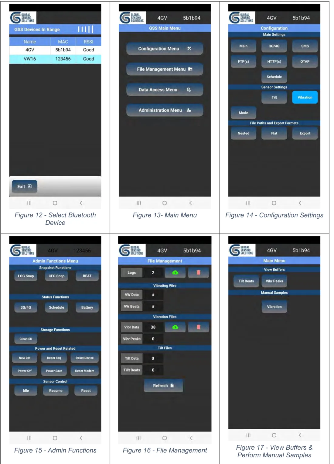 หน้าจอแอป GSSLink 6 หน้า: เลือกเครื่อง, Main Menu, Configuration, Admin Functions, File Management, View Buffers