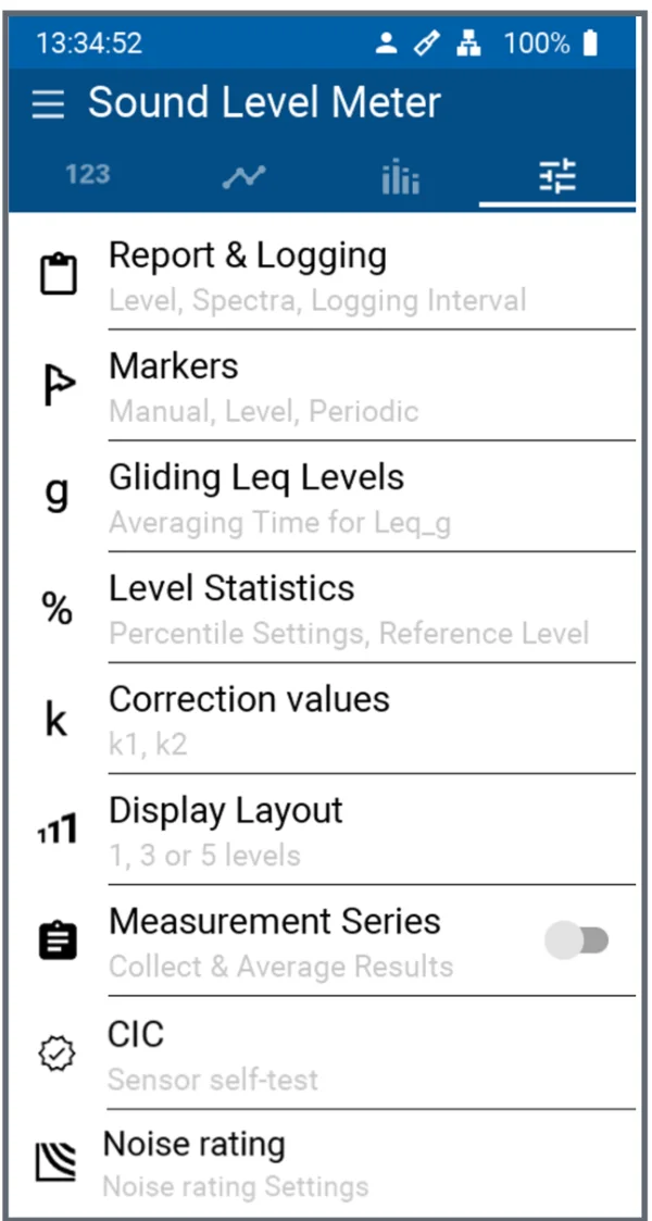 หน้าจอตั้งค่าของโหมด Sound Level Meter บน XL3 มีเมนู Report & Logging, Markers และ Level Statistics