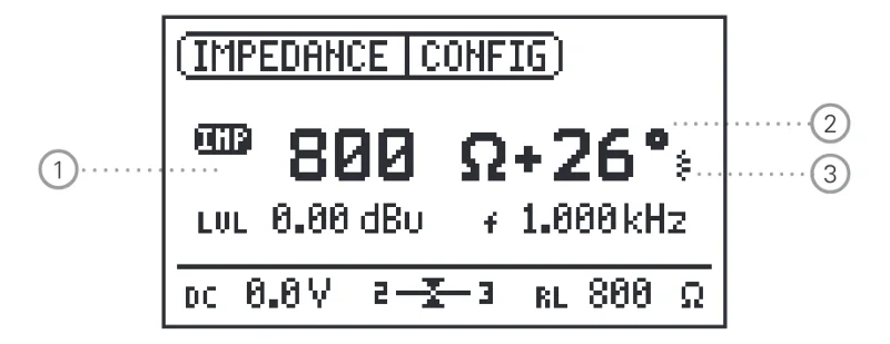 หน้าจอ IMPEDANCE โหมด IMP แสดง 800 Ω +26°