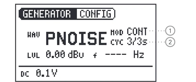 หน้าจอ PNOISE ของ MR-PRO แสดง MOD CONT และ CYC 3/3s