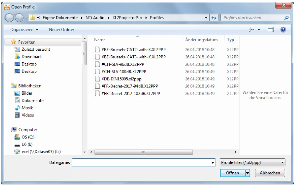 หน้าต่าง Open Profile แสดง Profile จากโรงงานที่ชื่อขึ้นต้นด้วย # เช่น #DE-DIN15905