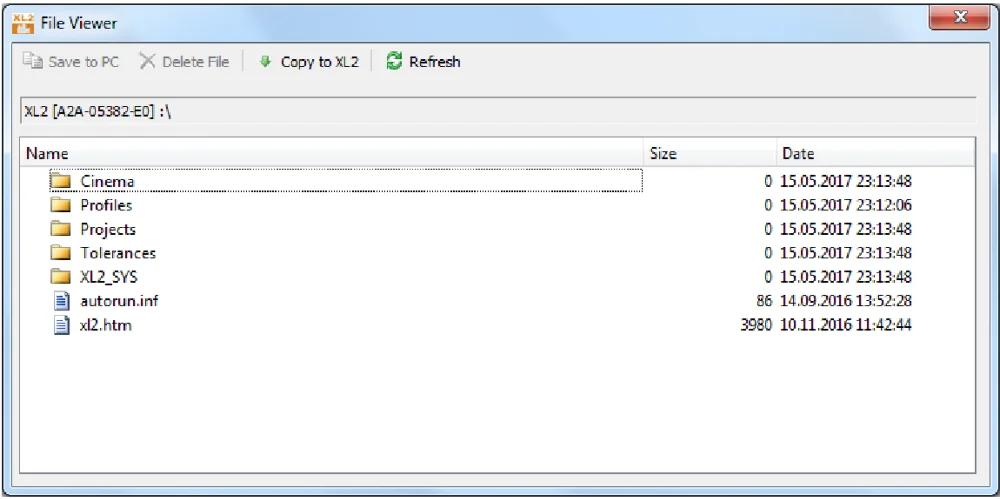 หน้าต่าง File Viewer แสดงโฟลเดอร์ในการ์ด SD ของ XL2 และปุ่ม Save to PC, Delete File, Copy to XL2, Refresh