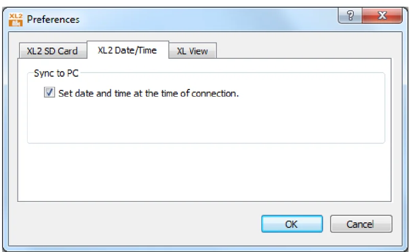 หน้าต่าง Preferences แท็บ XL2 Date/Time มีช่องติ๊ก Set date and time at the time of connection
