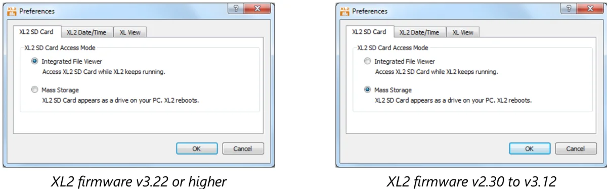 หน้าต่าง Preferences แท็บ XL2 SD Card เลือก Integrated File Viewer หรือ Mass Storage