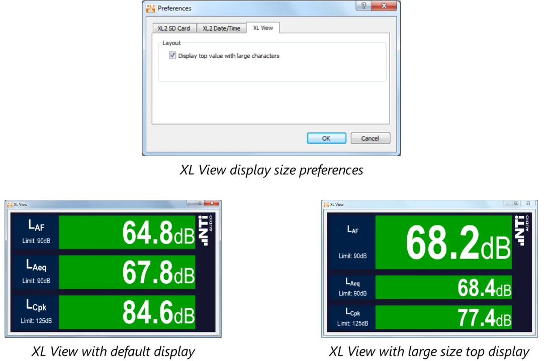 หน้าต่าง Preferences แท็บ XL View และ XL View แบบปกติเทียบกับแบบค่าบนตัวใหญ่