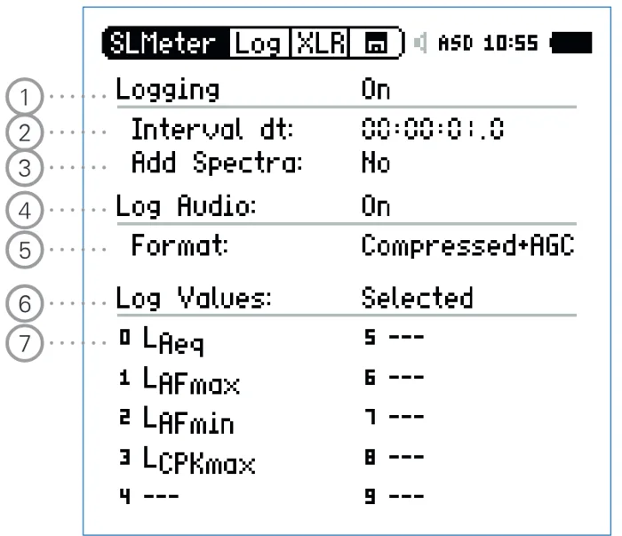 หน้า Log ของ XL2 มีหมายเลข 1 ถึง 7 กำกับ Logging, Interval dt, Add Spectra, Log Audio, Format และ Log Values
