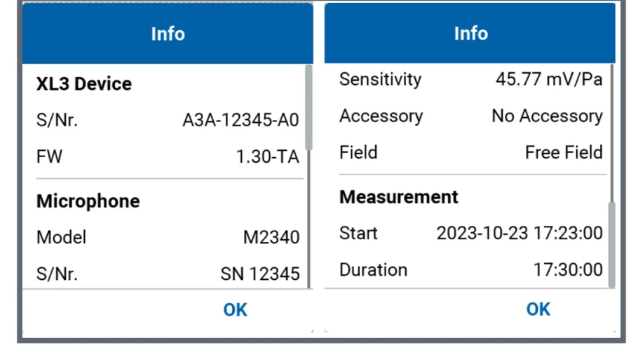 หน้าต่าง Info ของผลวัดที่บันทึกไว้ แสดงไมโครโฟน Accessory และ Field