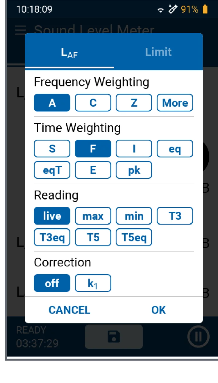 หน้าต่างเลือกค่า LAF ของ XL3 แสดง Frequency Weighting, Time Weighting, Reading และ Correction