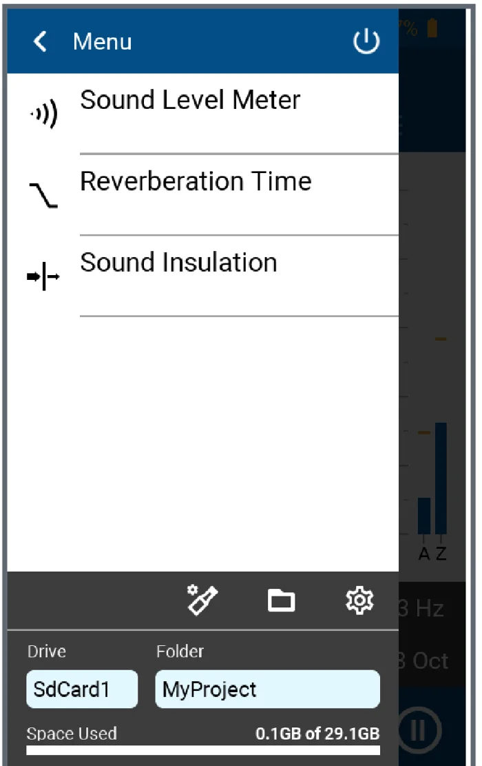 เมนูหลักของ XL3 แสดง Sound Level Meter, Reverberation Time, Sound Insulation และช่อง Drive กับ Folder