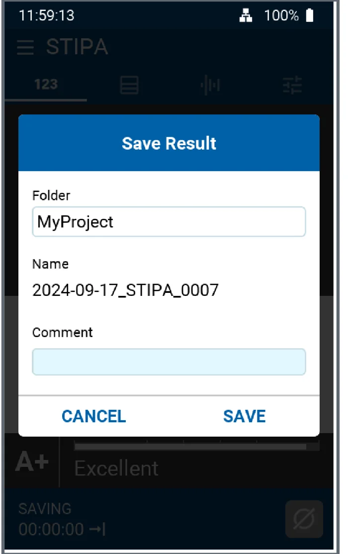 หน้าต่าง Save Result ของ XL3 พร้อมช่อง Folder, Name, Comment และปุ่ม CANCEL กับ SAVE