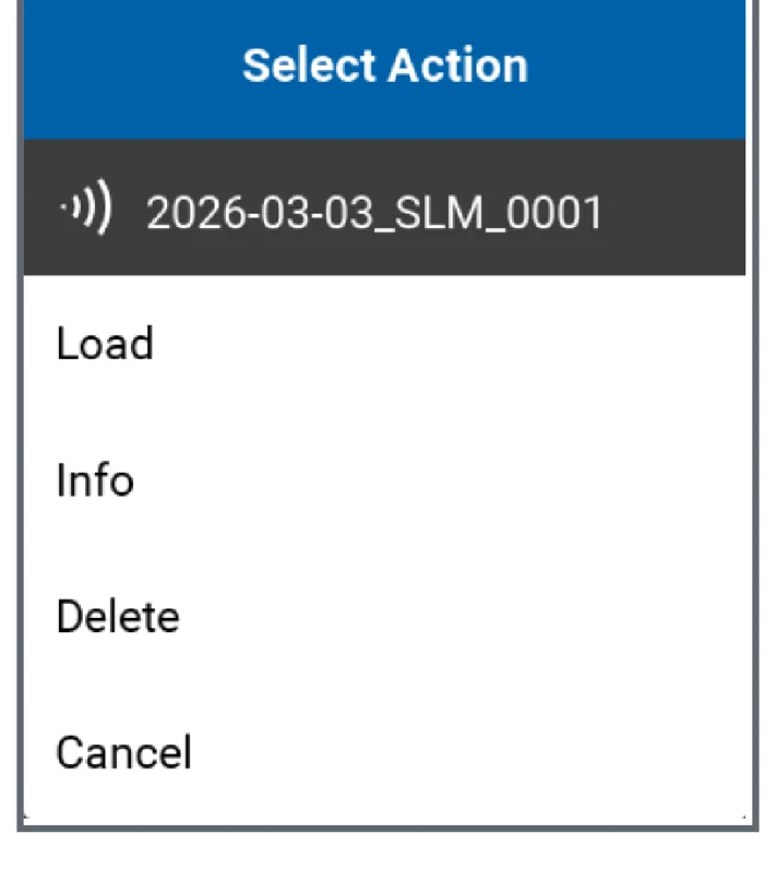 หน้าต่าง Select Action ของผลวัด แสดง Load, Info, Delete และ Cancel