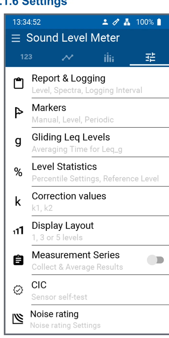 หน้า Settings ของ Sound Level Meter แสดง Report & Logging, Markers, Gliding Leq Levels และอื่น ๆ
