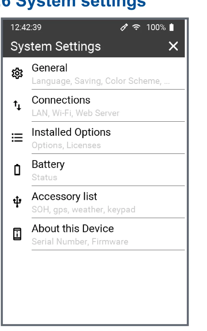 หน้า System Settings ของ XL3 แสดง General, Connections, Installed Options, Battery, Accessory list และ About this Device
