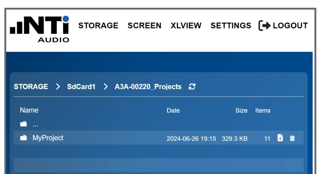 หน้า STORAGE บนเว็บของ XL3 แสดงโฟลเดอร์ MyProject