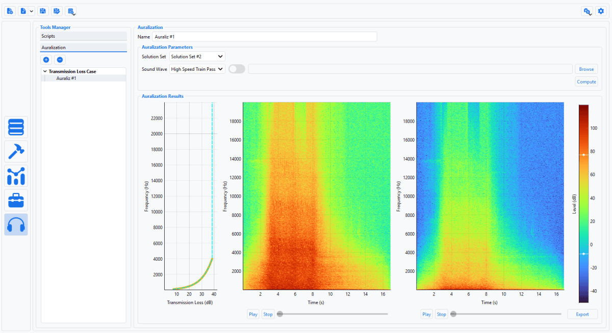 หน้าจอ Auralization ของ NOVA: กราฟการสูญเสียการส่งผ่านเสียงตามความถี่ด้านซ้าย spectrogram ของเสียงรถไฟความเร็วสูงก่อนผ่านชุดวัสดุตรงกลาง และหลังผ่านชุดวัสดุด้านขวา ซึ่งระดับเสียงความถี่สูงลดลงชัดเจน